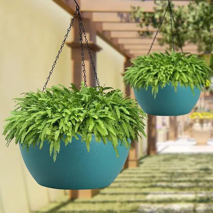 WOUSIWER 13 inch 2 Pack Large Hanging Planters for Indoor Outdoor Plants with Drainage Holes and Chain, Round Hanging Flower Pots for Garden Home Porch Decor, Myrtle Green by GreenHaven Gardens