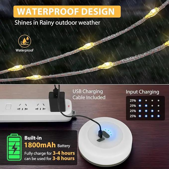 Camping String Lights, 4 in 1 Quick Storage 32.8FT Rechargeable Tent Lights with 6 Modes Hanging Waterproof Camp Lamp Camping Essentials for AwnTent Hiking Yard Garden Bedroom Festival -Warm White by GreenHaven Gardens