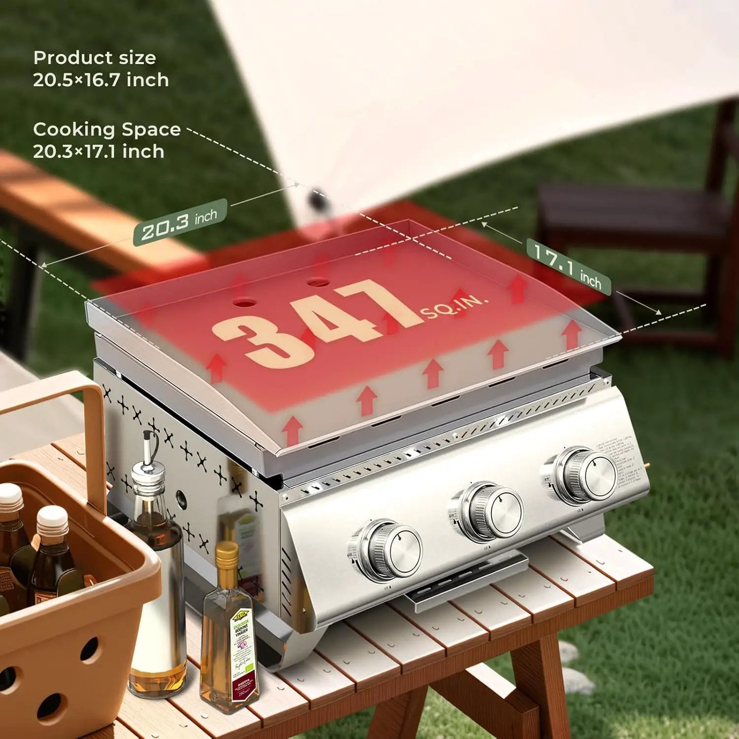 R.W.FLAME 3-Burner Tabletop Propane Gas Grill Stainless Steel Portable Outdoor Griddle,24,000 BTU Compact Flat Top Camping BBQ Grill,347 Sq. In. Cooking Area by GreenHaven Gardens