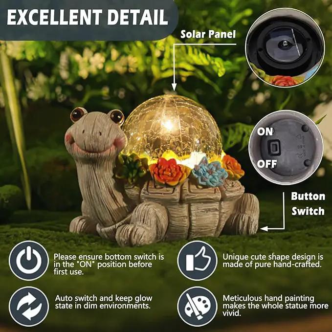 Solar Turtle Garden Statue Lights for Outdoor Decor with Cracked Glass LED Figurine Lighting Resin Succulent Tortoise Decorations Patio Lawn Yard Housewarming Mom Gifts (Grey, Large) by GreenHaven Gardens