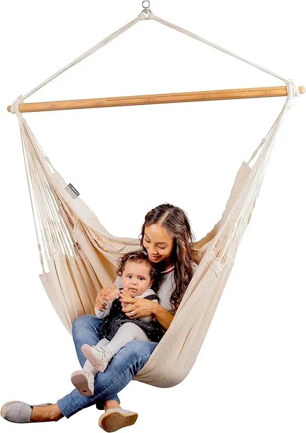 La Siesta® - XL King Habana Cotton Hanging Hammock Chair, Indoor Outdoor Hammock Swing Chair, Boho Hanging Chair Bedroom Patio, Max 355 Lbs, Latte by GreenHaven Gardens
