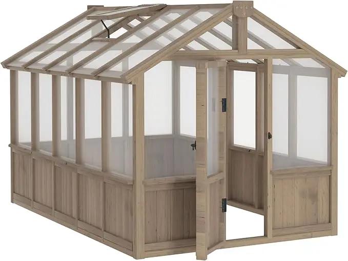 6x10 FT Green House for Outdoor, 6MM Thick Polycarbonate Panel Wooden Walk-in Greenhouse Kit with Lockable Door and Adjustable Roof Vent, Backyard Garden, Light Mocha Brown by GreenHaven Gardens
