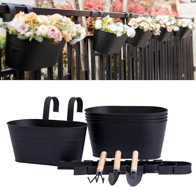 5 Pack Metal Hanging Flower Pots for Railing Fence，Outdoor Balcony Rail Planter with Garden Tools Detachable Hooks Drainage Holes for Deck Garden Home Decor Black by GreenHaven Gardens
