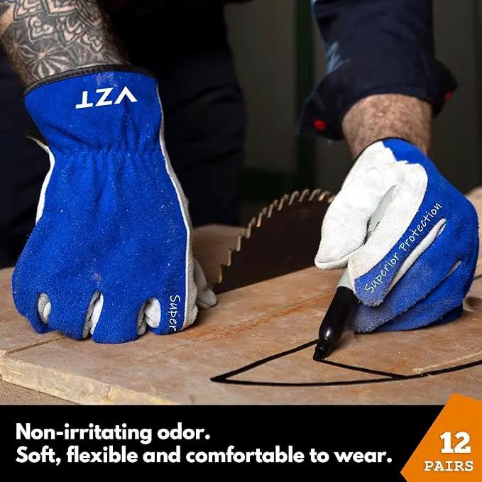 12 Pairs Bulk Leather Work Gloves for Men or Women for Construction, Wood cutting, Driving, Gardening, Automotive Repair, Soft, Cowhide, Class 4 Abrasion Resistant, Blue-White, XXL. by GreenHaven Gardens