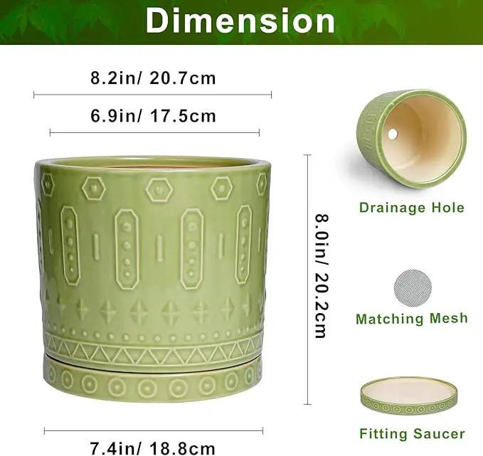 8 Inch Plant Pots - Ceramic Planter for Indoor Plants Outdoor, Round Ceramic Flower Pots with Drainage Hole and Saucer, Boho Decorative Planter, Home Bedroom Decor, Birthday Gifts, Green by GreenHaven Gardens