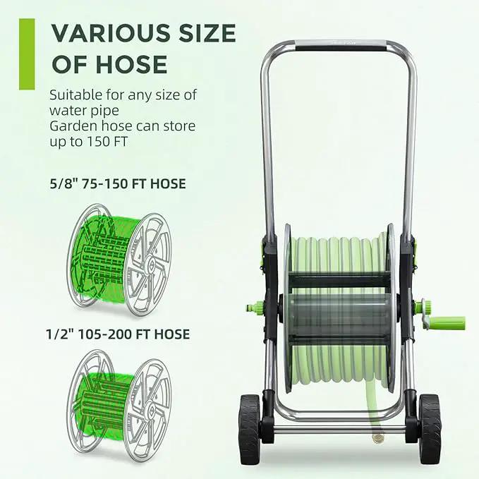 Garden Hose Reel Cart, Holds 75-150 Feet of 5/8-Inch Hose, Portable Hose Reel Cart With Wheels,Adjustable Handrail, Quick Hose Connector by GreenHaven Gardens