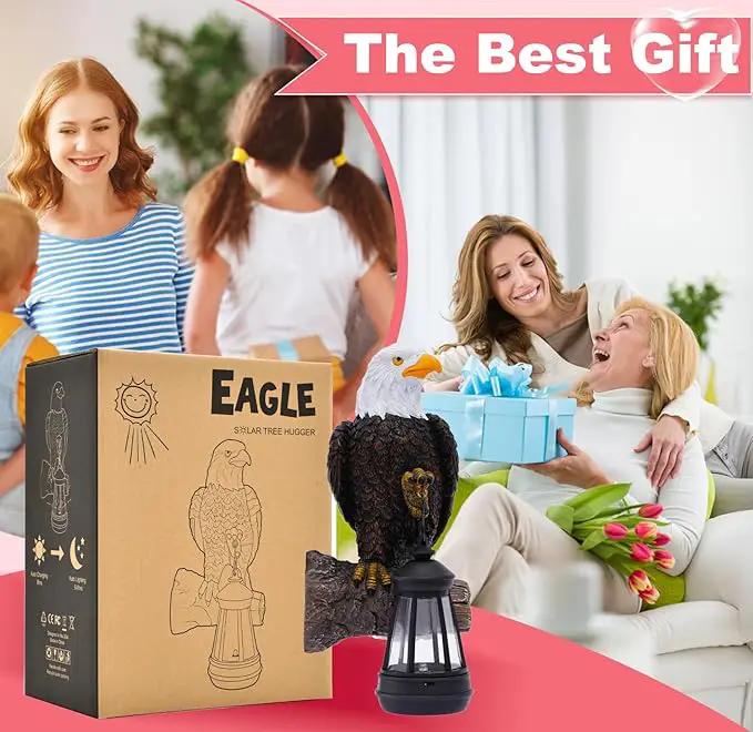 Eagle Tree Hugger with Solar Lantern - 8 Inch Resin Eagle Statue for Outdoor Garden Decor - Ideal Eagle Housewarming & Birthday Gifts for Grandma Mom Women by GreenHaven Gardens