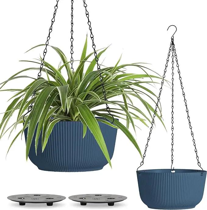 T4U 10 Inch Hanging Planters for Indoor Outdoor Plants, Hanging Baskets for Plants Pack of 2, Self Watering Hanging Pots with Drainage Hole for Garden Home Decor, Blue by GreenHaven Gardens