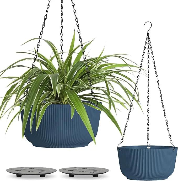 T4U 10 Inch Hanging Planters for Indoor Outdoor Plants, Hanging Baskets for Plants Pack of 2, Self Watering Hanging Pots with Drainage Hole for Garden Home Decor, Blue by GreenHaven Gardens