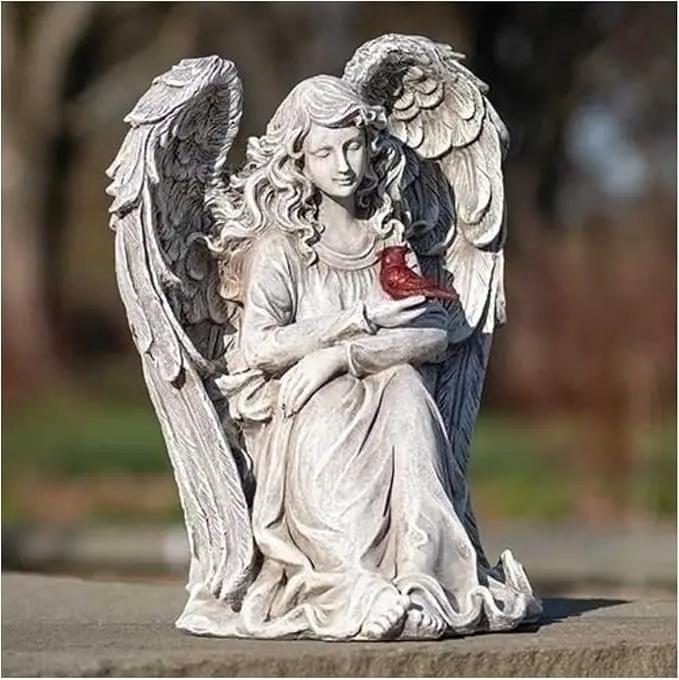 Roman 11" Memorial Angel with Cardinal Outdoor Garden Statue by GreenHaven Gardens