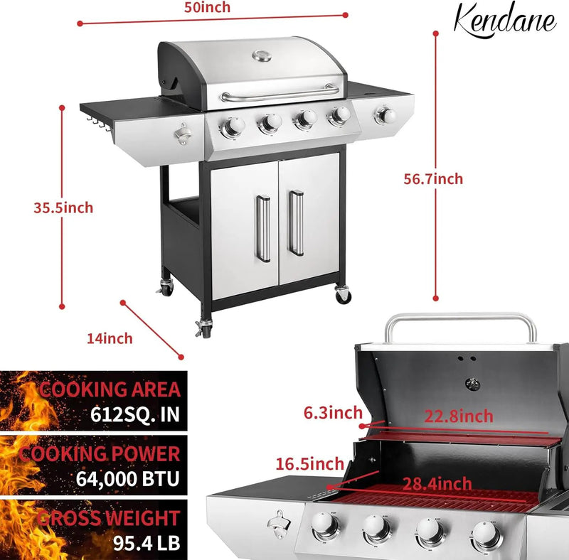 4-Burner Propane Gas BBQ Grill with Side Burner, Barbecue Gas Grill with Enameled Cast Iron Grates for Outdoor Patio Garden Barbecue, 53,000 BTU, with Stainless Steel Grill Cover by GreenHaven Gardens