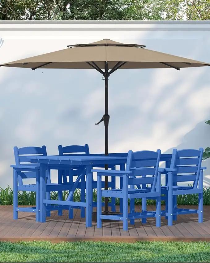 Patio Dining Set for 4 with Umbrella Hole - 66" Outdoor Table & 4 Chairs, All-Weather HDPE Outdoor Furniture for Lawn, Garden, Backyard, Poolside, Navy by GreenHaven Gardens