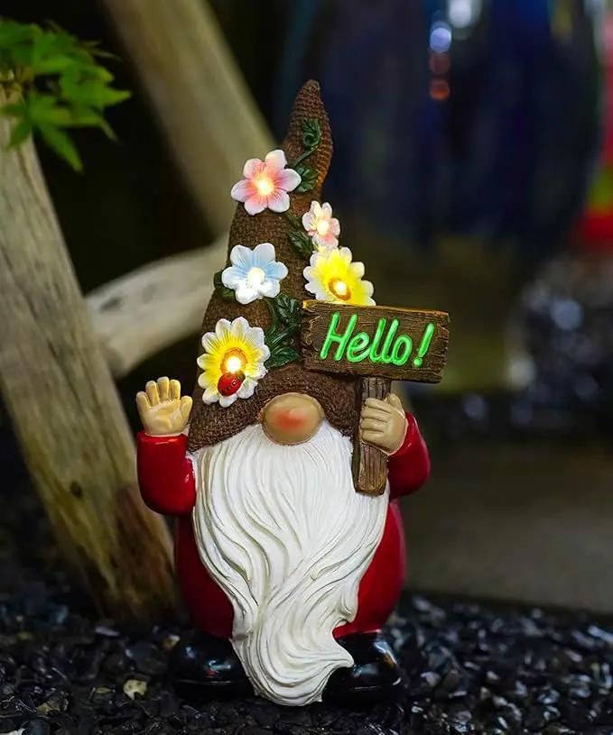 Solar Gnome Garden Statue for Decor: Outdoor Figurines Sculpture with Lights and Hello Sign for Lawn Patio Yard Balcony - for Mother Women by GreenHaven Gardens
