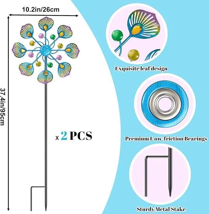 Peacock Wind Spinner Outdoor, Standing Wind Sculpture Yard Art Decorations, Metal Windmill for Patio Lawn & Garden Decor (2pcs-Blue Green) by GreenHaven Gardens