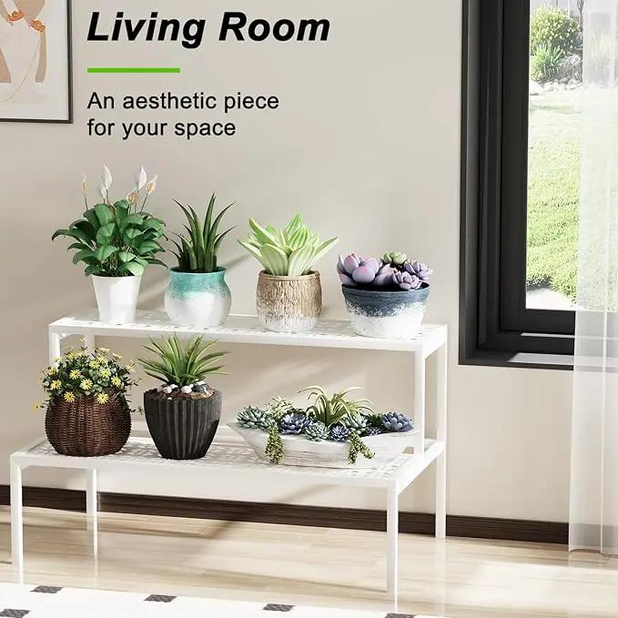 aboxoo Metal Plant Stand Metal 2 Tier Potted Multiple Flower Pot Holder Plant Shelf Indoor Plants Multiple,Outdoor Heavy Duty Planter Display Shelving Unit for Patio Garden Corner Balcony,Living Room(White) by GreenHaven Gardens