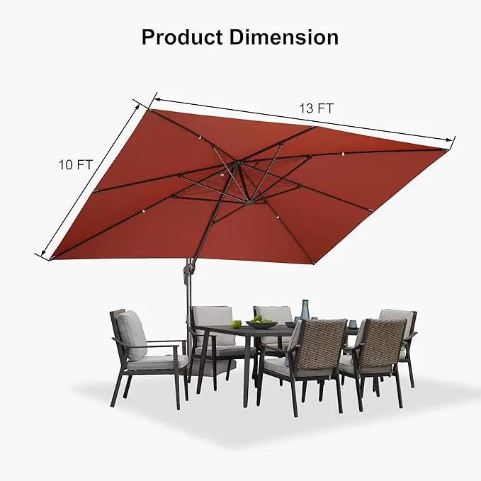 PURPLE LEAF 10' X 13' Patio Cantilever Umbrella Rectangle Umbrella Outdoor with Aluminum Offset Hanging and 360° Rotation for Pool Garden Deck Patio, Brick Red by GreenHaven Gardens