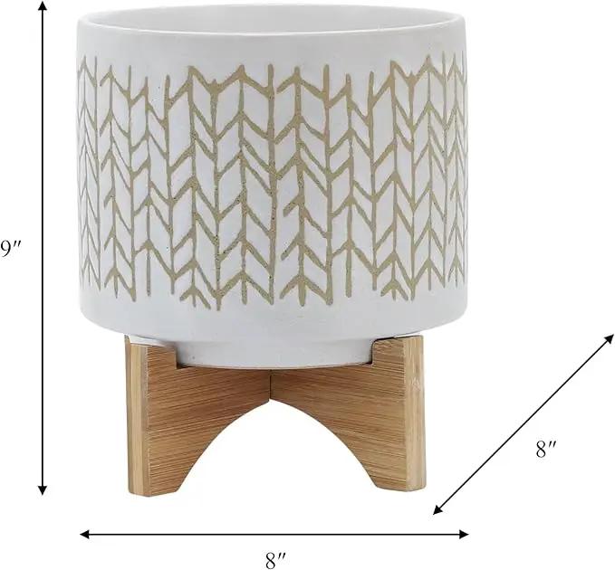 8" Ceramic Planter Stand, Ivory/Beige Chevron with Wooden Base, Indoor/Outdoor Planter with Stand for Your Succulents and Small Plants by GreenHaven Gardens