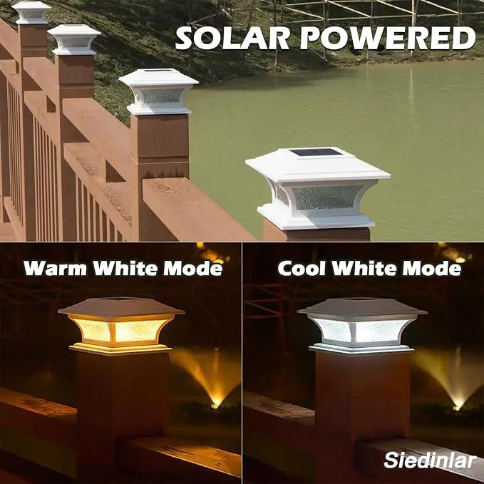 SIEDiNLAR Solar Post Lights Outdoor Glass LED Fence Cap Light 2 Modes for 4x4 5x5 6x6 Posts Deck Patio Garden Decoration Warm White/Cool White Lighting White (4 Pack) by GreenHaven Gardens