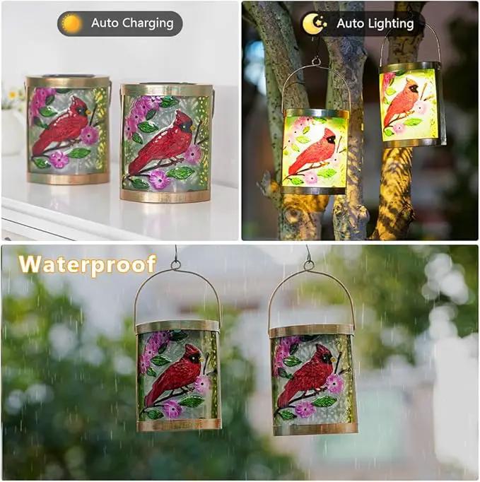 Starsoul 2 Pack Hanging Solar Lantern Outdoor Waterproof Glass Red Cardinal Decorative Solar Lights for Outside Garden Yard Table Patio Decor Cardinal Gifts by GreenHaven Gardens