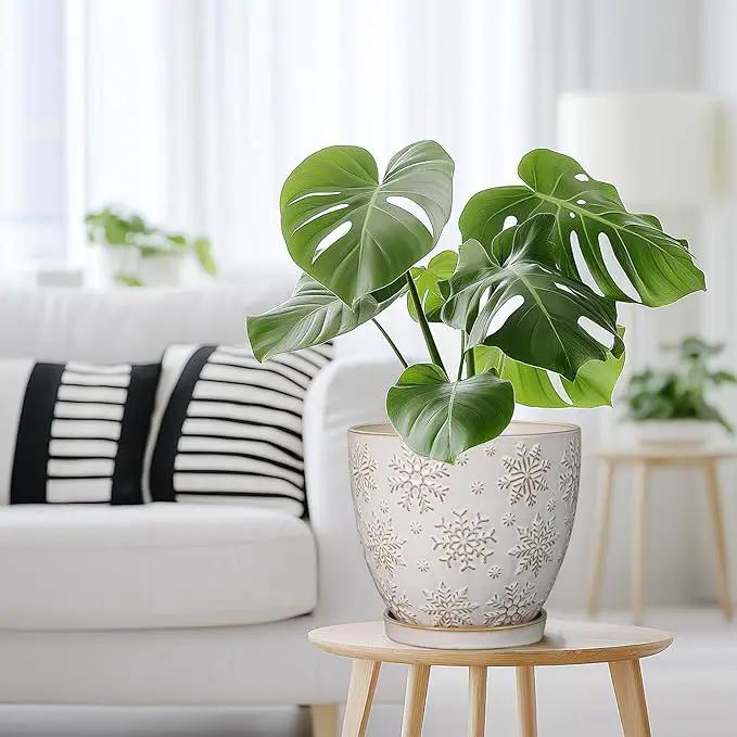 Ceramic Planter 8 Inch Plant Pot with Drainage Hole and Saucer Ceramic Pots for Indoor Plants Outdoor Large Flower Pot for Home Decor White by GreenHaven Gardens