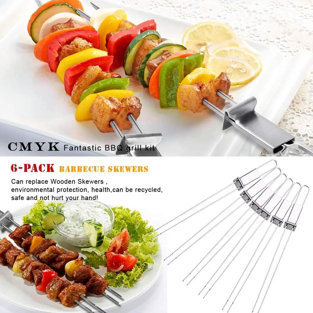 CMYK Barbecue Skewers, 6-Pack 13" Stainless Steel Grilling Skewers with Slider, Reusable Metal BBQ Shish Kabob Skewers Sticks by GreenHaven Gardens