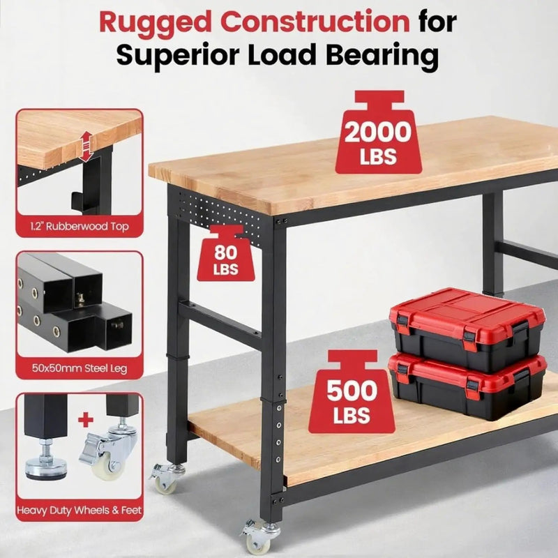 Workbench with Wheels 60 x 22 Heavy Duty Rubberwood Tabletop Work Bench Adjustable Height Garage Work Table with Under Table Shelf, Sided Pegboard, Power Outlets for Home Office by GreenHaven Gardens