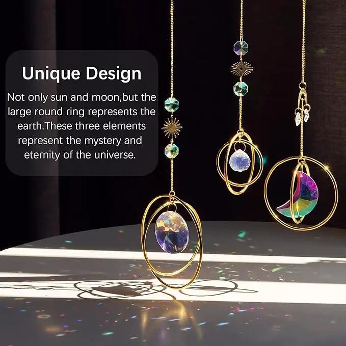 Set 3 Crystal Hanging Decorations - Sun & Moon Rainbow Crystal Suncatcher Window Car Hanging Prisms Ornament Pendant,Boho Love Wall Decoration,Home Garden Decor Gift by GreenHaven Gardens