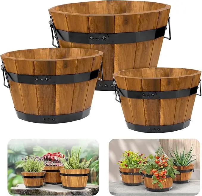 IDZO Set of 3 Wooden Flower Boxes Outdoor, Durable Acacia Wood Barrel Planters for Outdoor Plants with Ergonomic Handles, Drainage Holes, Multiple Sizes Wood Bucket Planter Light Brown by GreenHaven Gardens