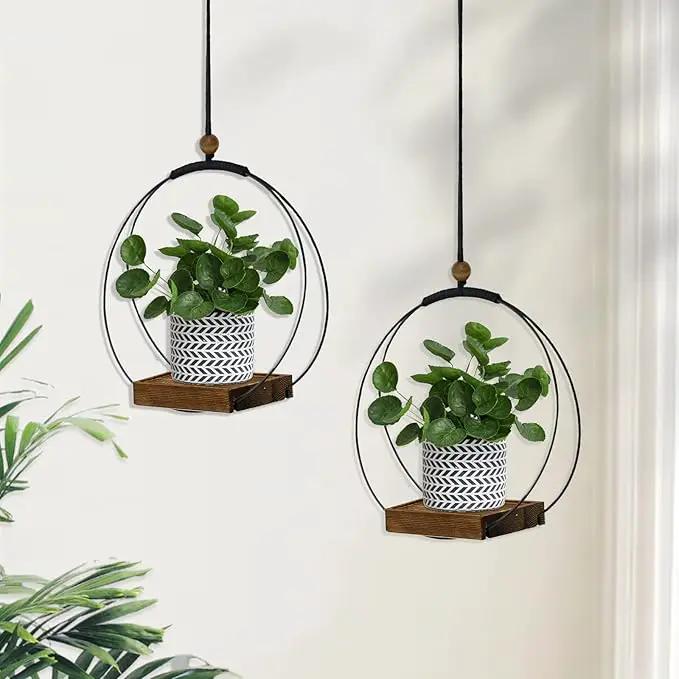 2 Pack Hanging Planters for Indoor Plants, Black Plant Hanger with Sturdy Wood Base, Modern Boho Macrame Hanger, Wall Ceiling Window Planters (Plants/Pots Not Included) by GreenHaven Gardens