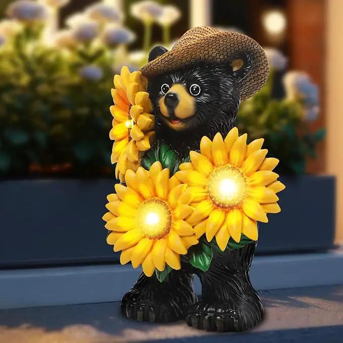 Bear Statue with Sunflowers LED Light 7.2" Solar Lamp Outdoor Garden Patio Yard Porch Lawn Decor Waterproof Resin Black Bear Figurine Unique Garden Gifts for Women Mom Grandma Sister by GreenHaven Gardens
