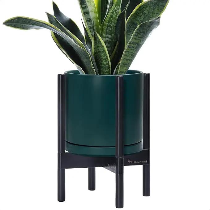 D'vine Dev Ceramic Planter with Ebony Stand - 10 Inch Modern Round Flower Pot with Wood Planter Holder, Teal, 55-B-L-4 by GreenHaven Gardens