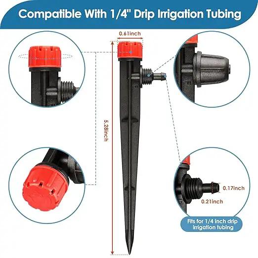 360 Degree Drip Irrigation Emitters Fittings: Adjustable Drip Irrigation Sprayer for 1/4 inch Drip Irrigation Tubing 8 Stream Dripper on 5" Arrow Stake with Barbed Locked Nut (50 Pieces) by GreenHaven Gardens
