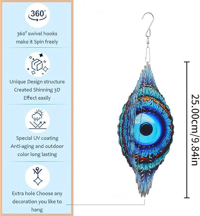 3D Wind Spinner Mandala 10 Inch Evil Eye Stainless Steel Wind Sculpture Blue Hanging Ornament Laser Cut Metal Art for Indoor Outdoor Garden Decoration Protective Amulet for Home and Yard by GreenHaven Gardens