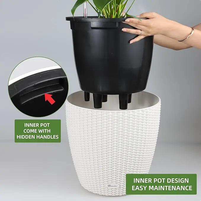 Dexceder 15x14 Rattan Self Watering Planter with Wheels Indoor Outdoor, Inner Pot Design, Thickened Large Floor Standing Flower Plant Pot with Water Level Indicator (Ivory White) by GreenHaven Gardens