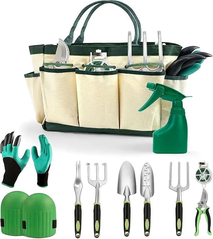 Gardening Tools - 11Pcs Heavy Duty Garden Tool Set with Non-Slip Rubber Grip,Aluminum Alloy Starter Kit with Garden Bag, Durable, Ergonomic, Ideal Gardening Gifts for Women, Mom, Men by GreenHaven Gardens