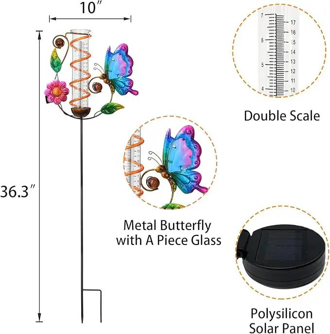 BAYN 36.3” Rain Gauge Outdoor Solar Powered 10 LEDs 7” Tube Garden Butterfly Metal Decorative Stake with Waterproof Large Glass Tube Rain Guage for Yard, Garden, Patio, Lawn by GreenHaven Gardens