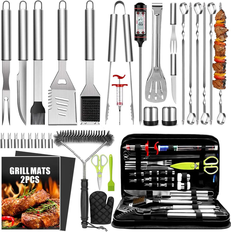 34Pcs Grill Accessories Grilling Gifts for Men, 16 Inches Heavy Duty BBQ Accessories, Stainless Steel BBQ Tools with Thermometer, Grill Mats for Backyard, BBQ Set for Men Women by GreenHaven Gardens