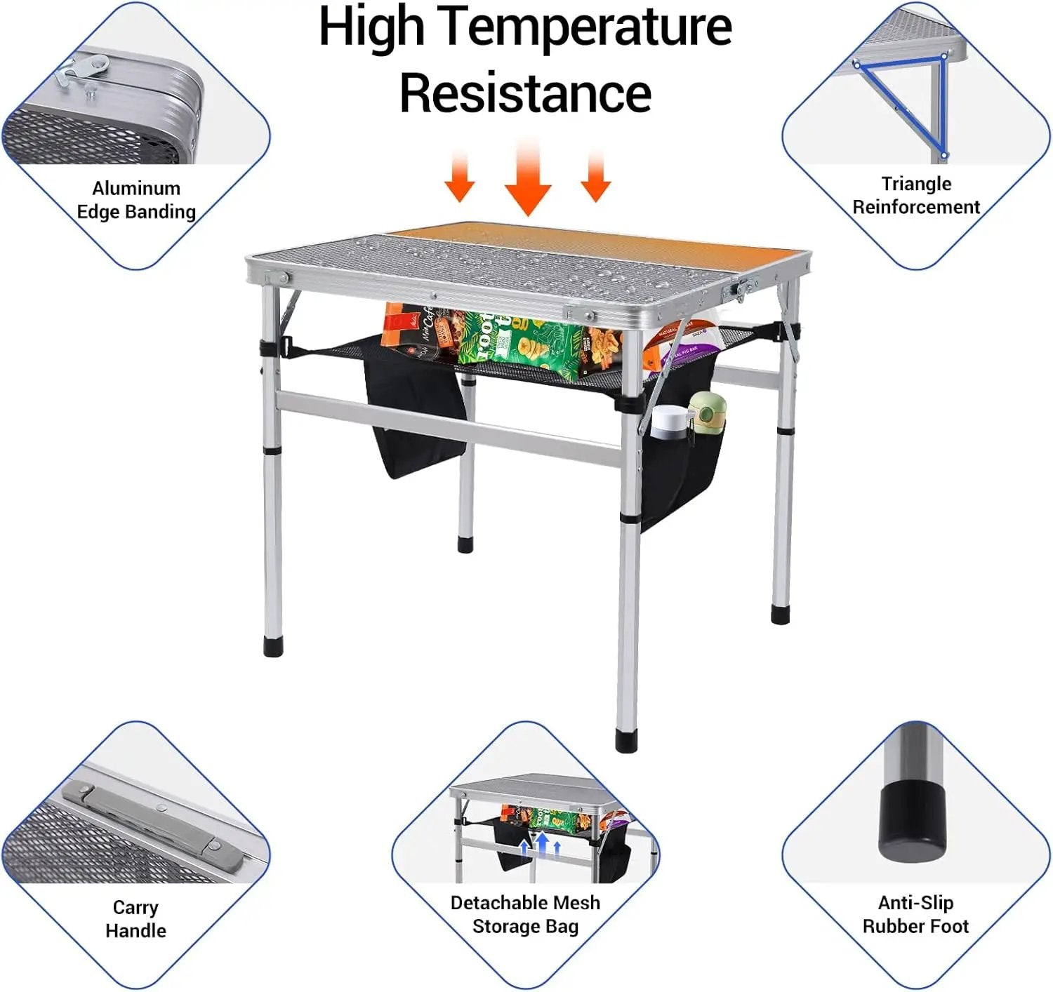 Nice C Square Table for Grill, Folding Table, Camping Table, Outdoor Table, Card Table, Height Adjustable, Mesh Bag Lightweight, Carry Handle, Aluminum (23.6"x23.6" White) by GreenHaven Gardens