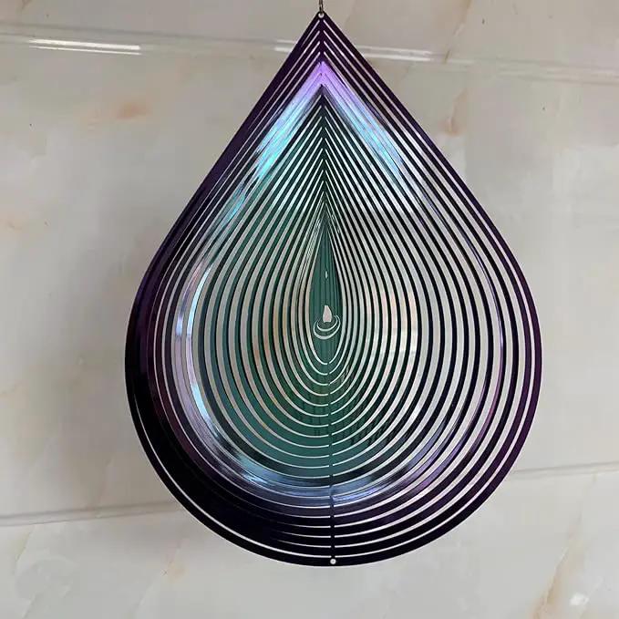 Wind Spinner Garden Indoor Outdoor Decor 3D Stainless Steel Metal Hanging Decorations, 3D Water Droplets Pattern Metal Wind Sculptures & Spinners Whirligig Gifts with 12inch(Green&Purple) by GreenHaven Gardens