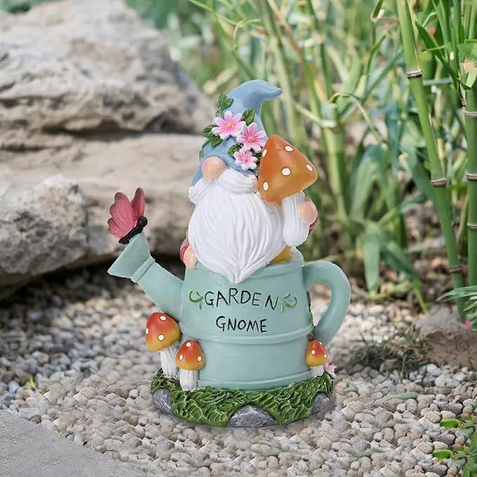 Garden Gnome Statue, Novelty Gnome Outdoor Figurine with Watering Can Shape and Flowers Butterfly Decor - Resin Gnome Sculpture with Mushroom Solar Lights for Porch Patio Yard Outdoor Decor by GreenHaven Gardens