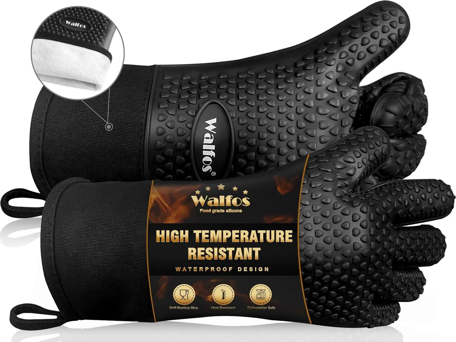 Walfos Silicone BBQ Gloves - Heat Resistant Grilling Gloves, Premium Non-Slip Kitchen Silicone Oven Mitt With Protective Cotton Layer Inside, Waterproof, Great for Grilling, Kitchen and Cooking, Black by GreenHaven Gardens