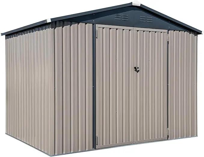 Metal Outdoor Galvanized Steel Storage Shed with Lockable Doors for Backyard or Patio Storage of Bikes, Grills, Supplies, Tools, Toys, for Lawn, Garden, and Camping, Tan (8x6) by GreenHaven Gardens