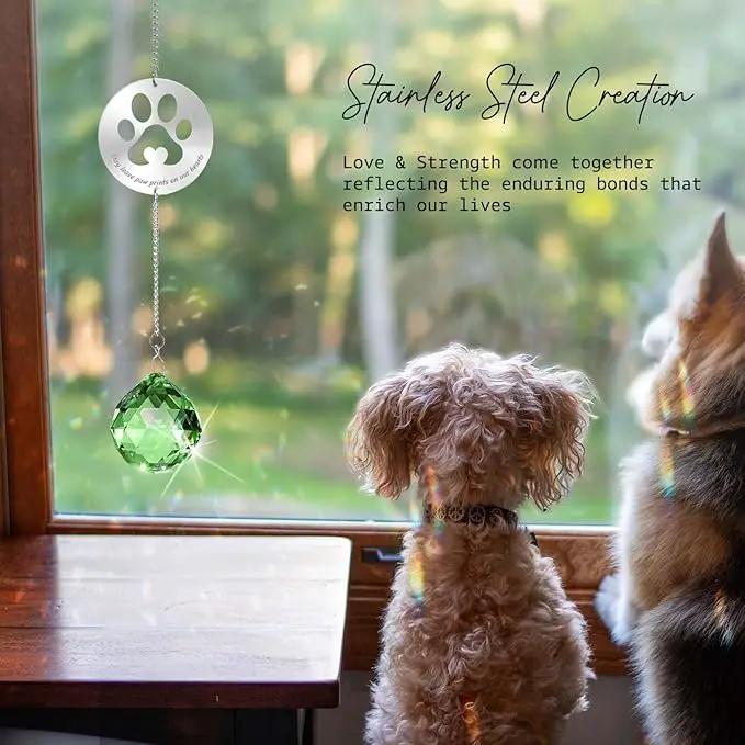 Dog Memorial Gifts, Unique Loss of Pet Sympathy Idea, Green Crystal Ball Rainbow Suncatcher with Paw Print for Cat or Dog Remembrance and Bereavement by GreenHaven Gardens