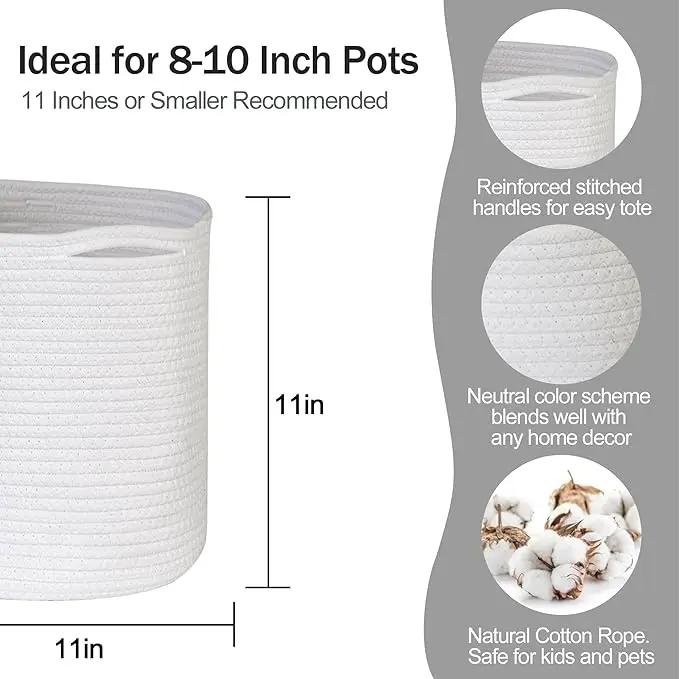 Cotton Rope Plant Basket, Woven Basket Planter for 10 inch Pot, Round Indoor Tree Pot Cover, Small Storage Bin Organizer, Basket for Plants and Home Decor, 11”X11”, White by GreenHaven Gardens