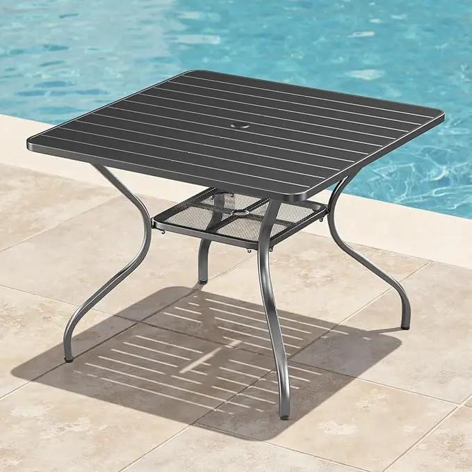 Patio Tables Outdoor Dining Table - Metal Coffee Tables with 2-Tier Storage Shelf 1.57" Umbrella Hole for Outside Proch Deck Balcony Garden Rectangle by GreenHaven Gardens