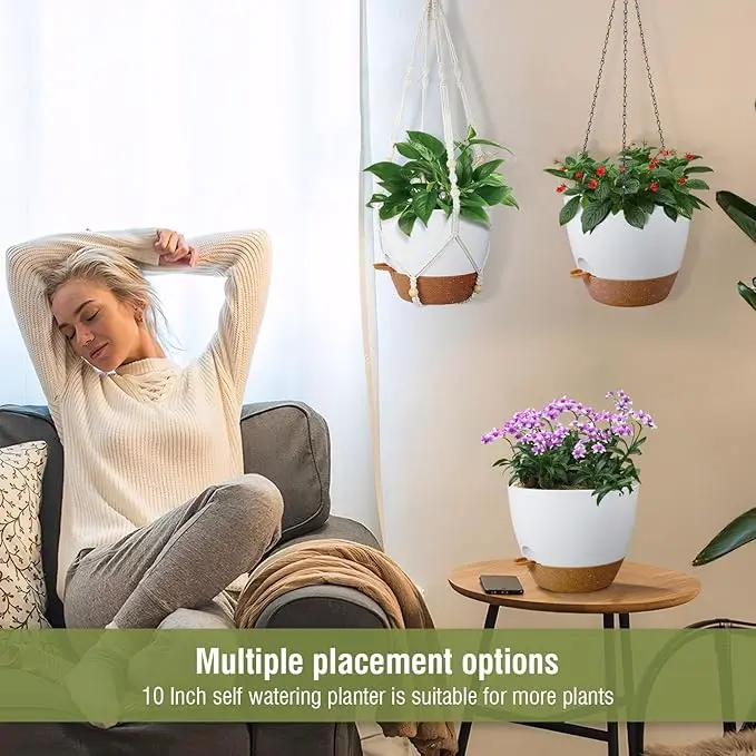 Self Watering Hanging Planters 10 inch, 2 Pack Hanging Baskets for Indoor Outdoor Plants, Hanging Flower Pots with Drainage Holes & 2 Kinds of Plant Hangers for Garden Home Décor, White Brown by GreenHaven Gardens