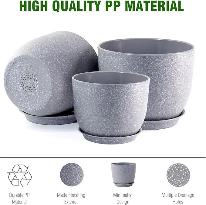 Flower Pots 9/8/7.5inch, Set of 3 Modern Decorative Plastic Planters with Drainage Holes and Saucers for Garden House Plants, Plant Pots for Indoor Outdoor Plants, Speckled Grey by GreenHaven Gardens