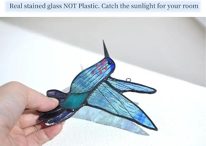 Lolitarcrafts Stained Glass Hummingbird Window Hangings with Flowers, Bird Stained Glass Suncatcher for Window Decor Hummingbird Gifts for Mom,Bird Lovers (Blue A) by GreenHaven Gardens