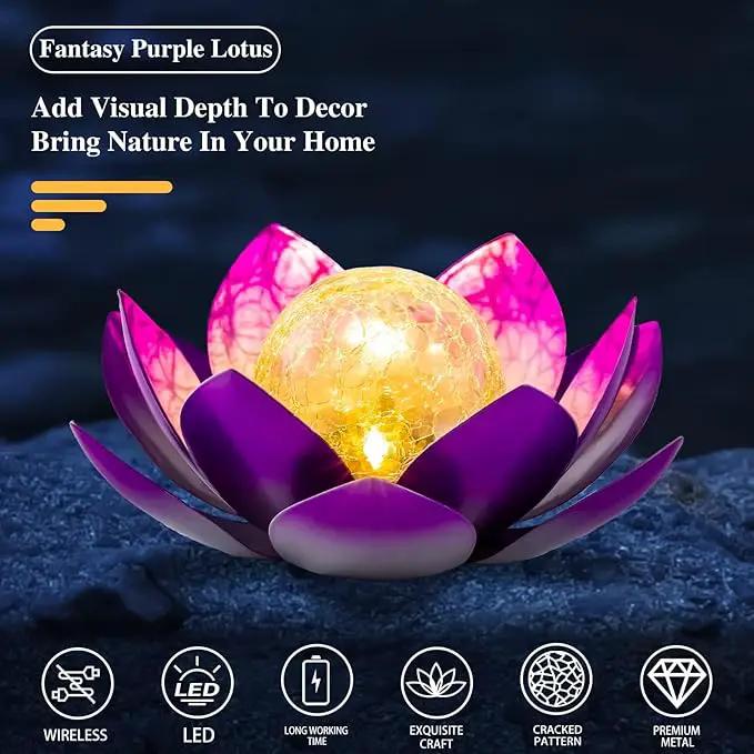 Solar Light Outdoor(2Pack), Art Crackle Globe Glass Lotus Decoration, Solar LED Waterproof Purple Metal Flower Lights for Patio,Lawn,Walkway,Tabletop by GreenHaven Gardens