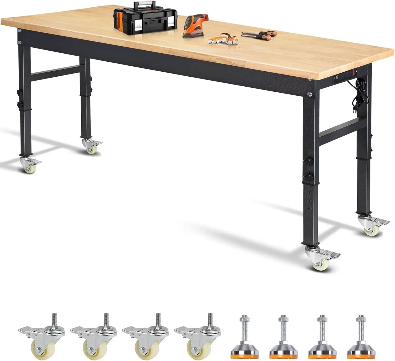 70'' Adjustable Workbench, Rubber Wood Top Work Bench Heavy-Duty Work Table with Socket, Wheels and Fixed Legs 2000 LBS Load Capacity Hardwood Sewing Table for Garage, Workshop, Home, Office by GreenHaven Gardens